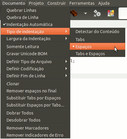menu documento => tipo de indentação
