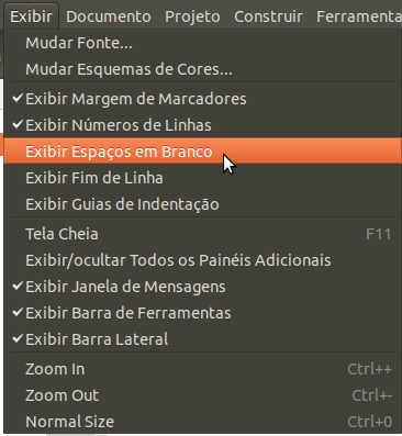 Menu Exibir => Exibir Espaços em Branco