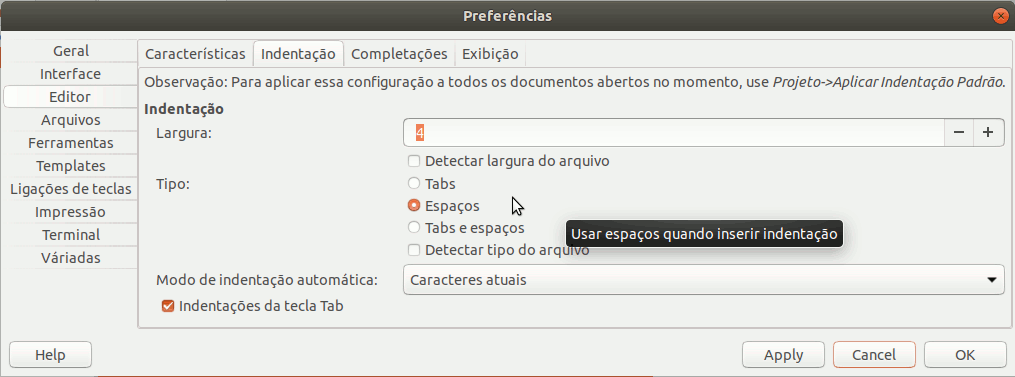 configuração de preferências de indentação no Geany