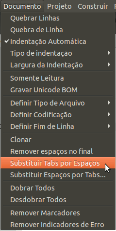 menu substituir tabs por espaços