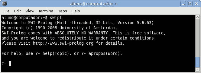 terminal executando o SWI-Prolog